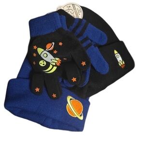 Space Explorer Kids Hat and Gloves Set - Black and Blue